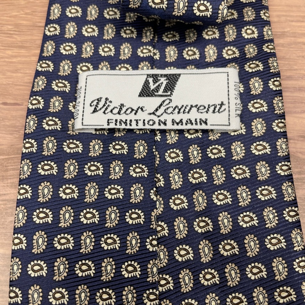 Victor Laurent Finition Main Navy Blue Paisley Silk Necktie Men Formal Accessory - Picture 4 of 7
